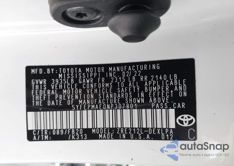 2022 Toyota Corolla Le из США, поврежденный, VIN 5YFEPMAE0NP307801